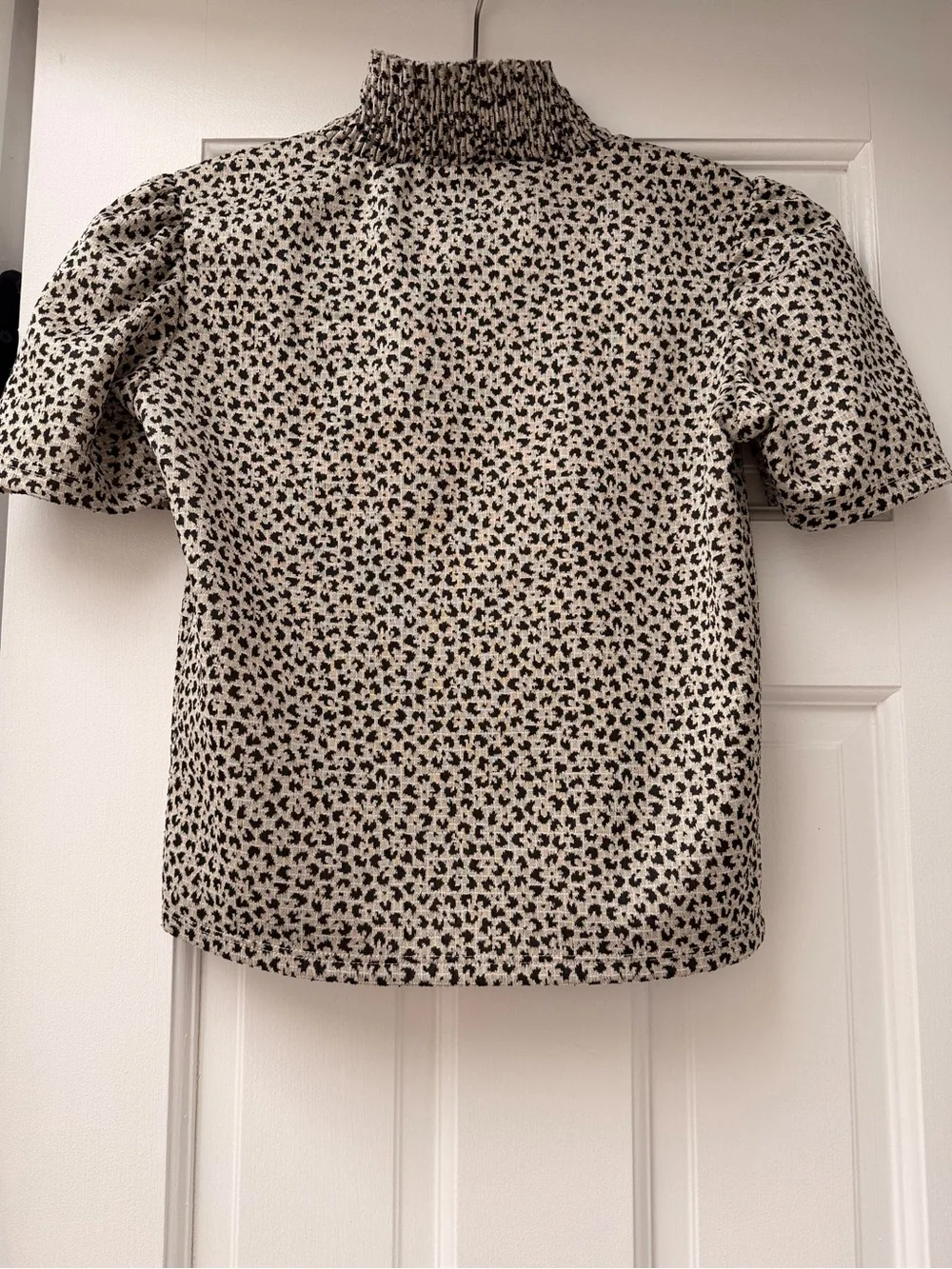 Zara Cream and Black Smocked Neck Leopard Print Top